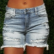 Yourumao Womens Cut Off Denim Short Frayed Distressed Jean Short Cute Mid Rise Ripped Hot Shorts Comfy Stretchy